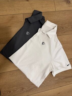 Two-Nike Polo Set — White & Charcoal with Small Crest